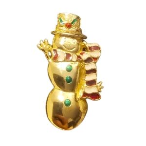 Vintag " Signed  AAI gold-tone snowman brooch  green enamel buttons Christmad